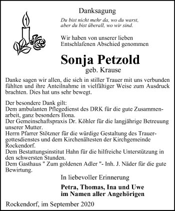 Traueranzeige von Sonja Petzold