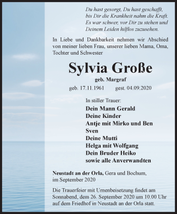 Traueranzeige von Sylvia Große