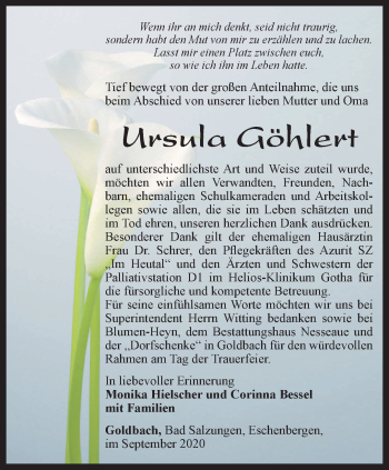 Traueranzeige von Ursula Göhlert von Thüringer Allgemeine, Thüringische Landeszeitung