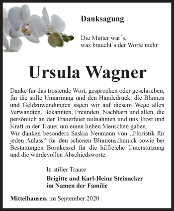 Traueranzeige von Ursula Wagner von Thüringer Allgemeine, Thüringische Landeszeitung