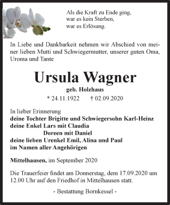 Traueranzeige von Ursula Wagner von Thüringer Allgemeine, Thüringische Landeszeitung