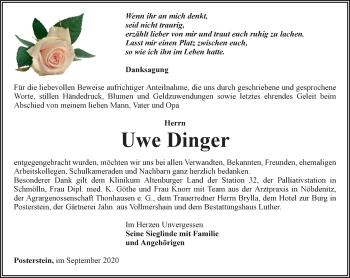 Traueranzeige von Uwe Dinger von Ostthüringer Zeitung