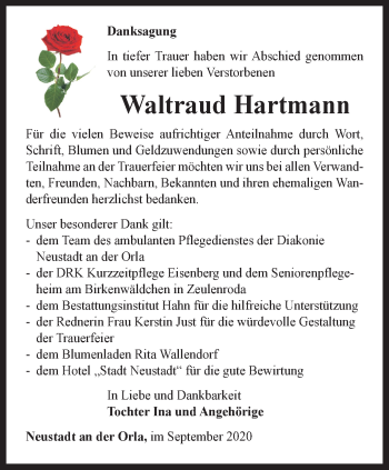 Traueranzeige von Waltraud Hartmann