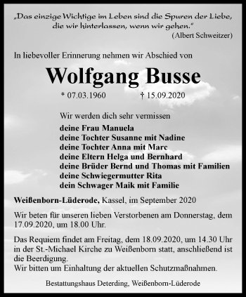 Traueranzeige von Wolfgang Busse von Thüringer Allgemeine