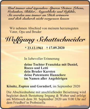 Traueranzeige von Wolfgang Schattschneider von Ostthüringer Zeitung