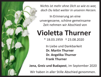 Traueranzeige von Violetta Thurner von OTZ