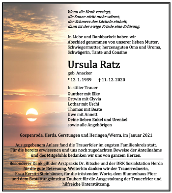 Traueranzeige von Ursula Ratz von Thüringer Allgemeine, Thüringische Landeszeitung