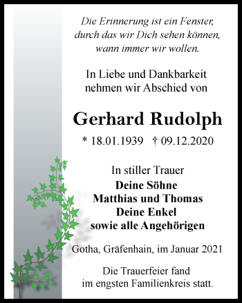 Traueranzeige von Gerhard Rudolph von Thüringer Allgemeine, Thüringische Landeszeitung