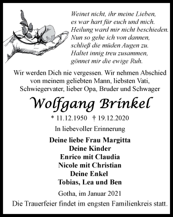 Traueranzeige von Wolfgang Brinkel von Thüringer Allgemeine, Thüringische Landeszeitung