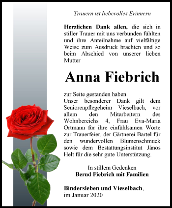 Traueranzeige von Anna Fiebrich von Thüringer Allgemeine