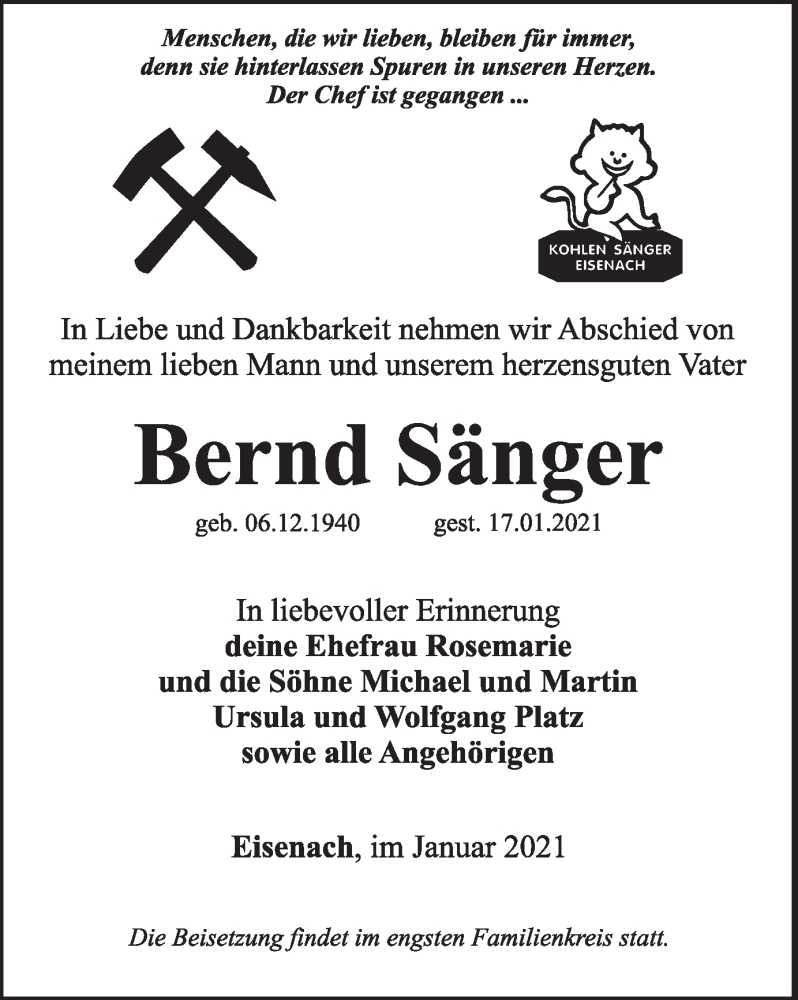  Traueranzeige für Bernd Sänger vom 23.01.2021 aus Thüringer Allgemeine, Thüringische Landeszeitung
