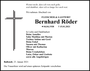 Traueranzeige von Bernhard Röder von Thüringer Allgemeine, Thüringische Landeszeitung