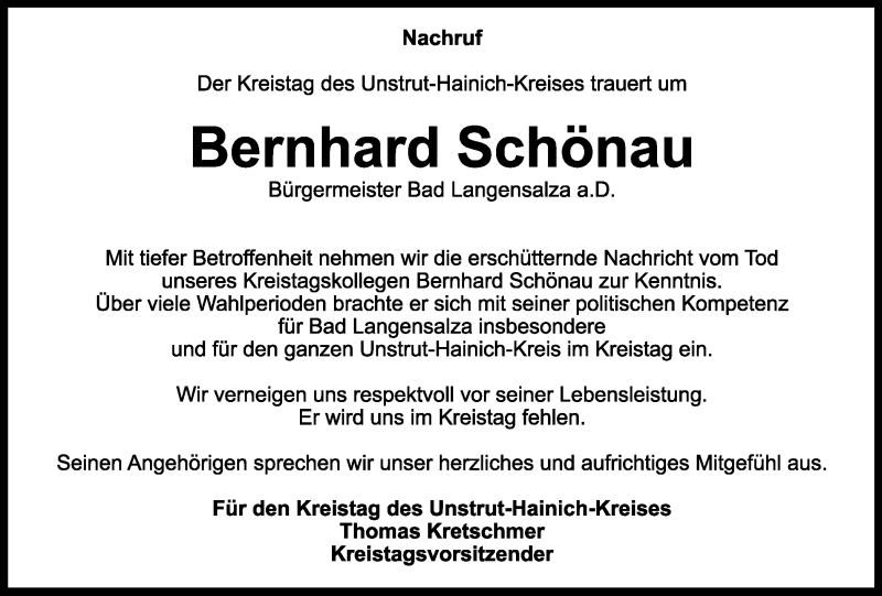  Traueranzeige für Bernhard Schönau vom 27.01.2021 aus Thüringer Allgemeine, Thüringische Landeszeitung