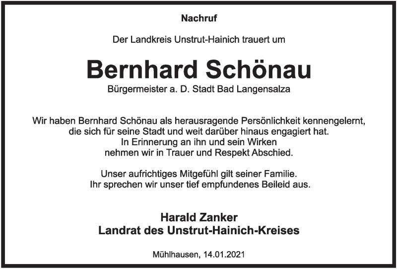  Traueranzeige für Bernhard Schönau vom 23.01.2021 aus Thüringer Allgemeine