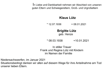 Traueranzeige von Brigitte und Klaus Lütz von Thüringer Allgemeine