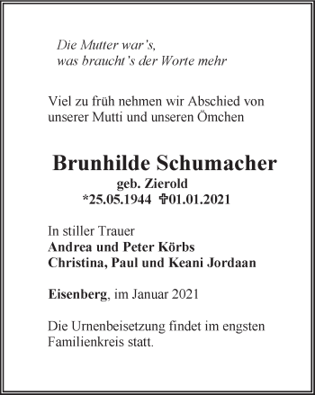 Traueranzeige von Brunhilde Schumacher von Ostthüringer Zeitung