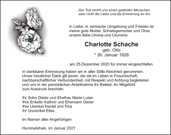 Traueranzeige von Charlotte Schache von Ostthüringer Zeitung, Thüringische Landeszeitung