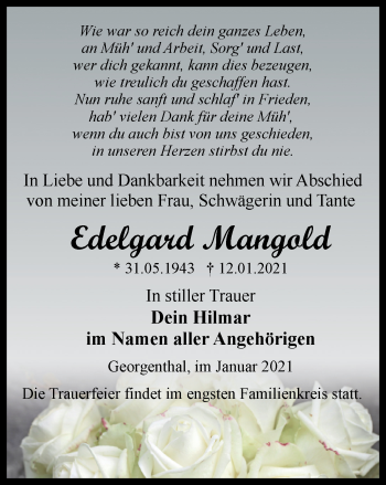 Traueranzeige von Edelgard Mangold von Thüringer Allgemeine, Thüringische Landeszeitung