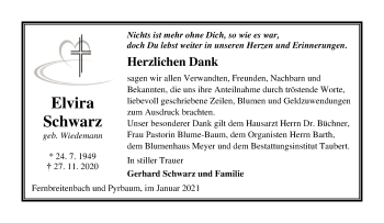 Traueranzeige von Elvira Schwarz von Thüringer Allgemeine, Thüringische Landeszeitung