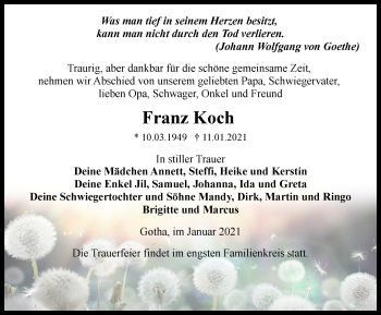 Traueranzeige von Franz Koch von Thüringer Allgemeine, Thüringische Landeszeitung