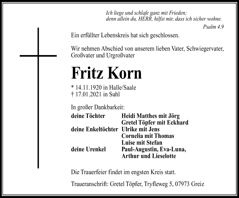  Traueranzeige für Fritz Korn vom 30.01.2021 aus Thüringer Allgemeine
