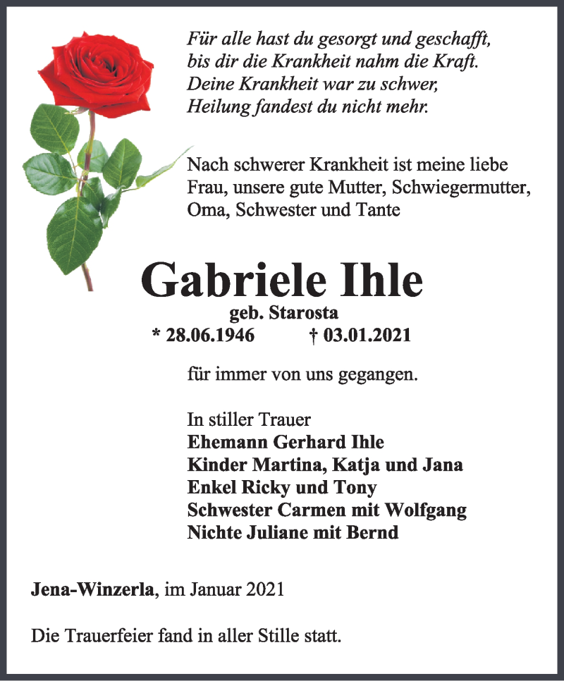 Traueranzeige für Gabriele Ihle vom 23.01.2021 aus Ostthüringer Zeitung, Thüringische Landeszeitung