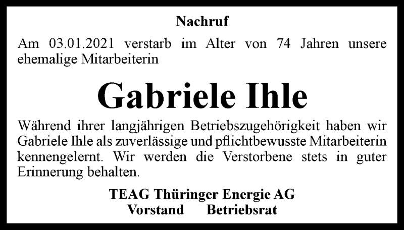  Traueranzeige für Gabriele Ihle vom 30.01.2021 aus Ostthüringer Zeitung, Thüringische Landeszeitung