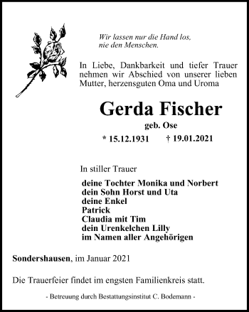 Traueranzeige von Gerda Fischer