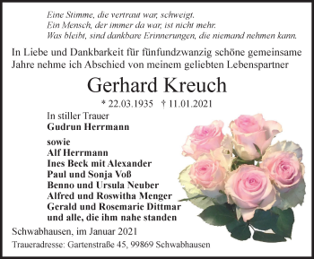 Traueranzeige von Gerhard Kreuch von Thüringer Allgemeine, Thüringische Landeszeitung