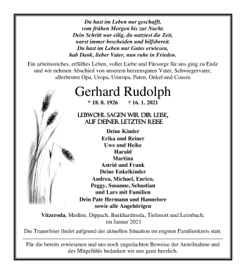Traueranzeige von Gerhard Rudolph von Thüringer Allgemeine, Thüringische Landeszeitung