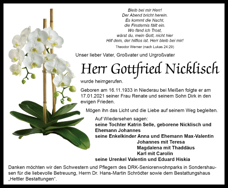  Traueranzeige für Gottfried Nicklisch vom 23.01.2021 aus Thüringer Allgemeine