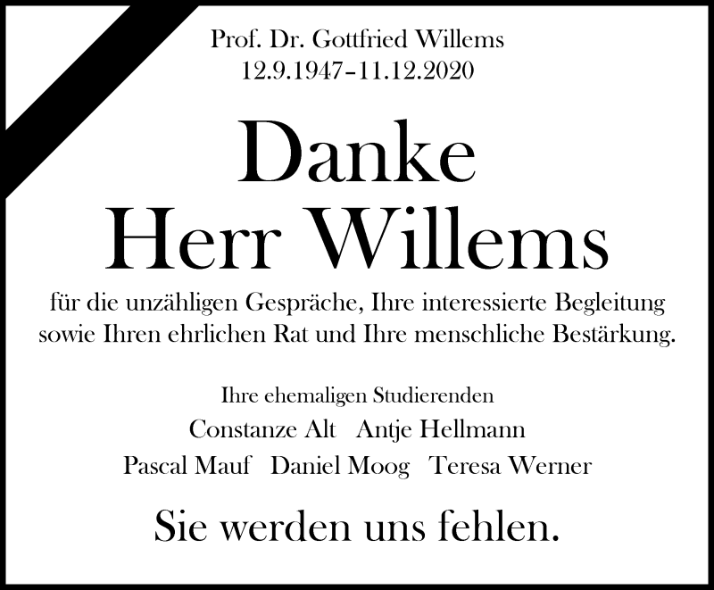  Traueranzeige für Gottfried Willems vom 30.01.2021 aus Ostthüringer Zeitung, Thüringische Landeszeitung