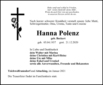 Traueranzeige von Hanna Polenz von Ostthüringer Zeitung