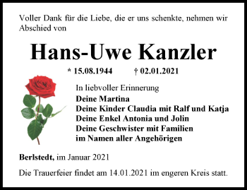 Traueranzeige von Hans-Uwe Kanzler von Thüringer Allgemeine, Thüringische Landeszeitung