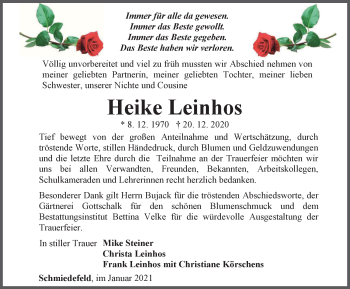 Traueranzeige von Heike Leinhos von Ostthüringer Zeitung