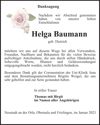 Traueranzeige von Helga Baumann von Ostthüringer Zeitung