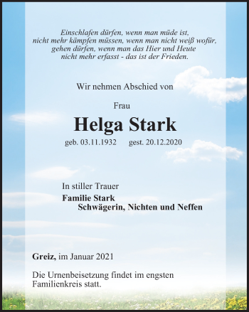 Traueranzeige von Helga Stark