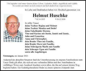 Traueranzeige von Helmut Huschke von Thüringer Allgemeine