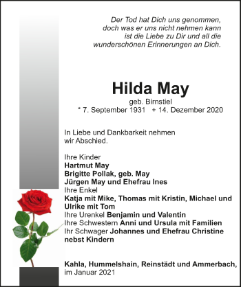 Traueranzeige von Hilda May von Ostthüringer Zeitung, Thüringische Landeszeitung