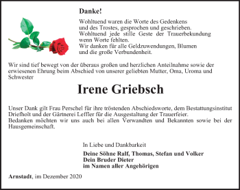 Traueranzeige von Irene Griebsch von Thüringer Allgemeine