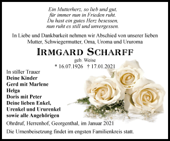 Traueranzeige von Irmgard Scharff von Thüringer Allgemeine, Thüringische Landeszeitung