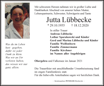 Traueranzeige von Jutta Lübbecke von Thüringer Allgemeine