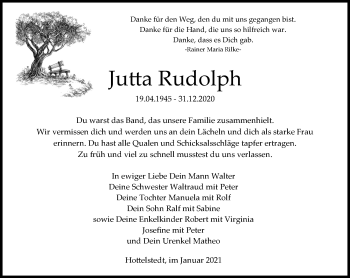 Traueranzeige von Jutta Rudolph von Thüringer Allgemeine, Thüringische Landeszeitung