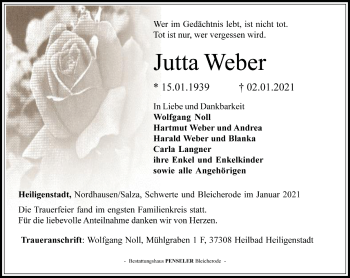 Traueranzeige von Jutta Weber von Thüringer Allgemeine