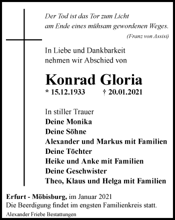 Traueranzeige von Konrad Gloria