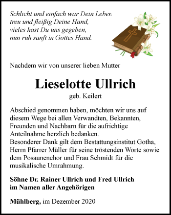 Traueranzeige von Lieselotte Ullrich von Thüringer Allgemeine