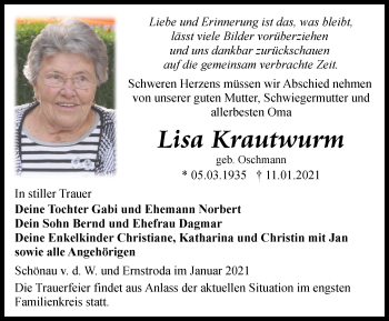 Traueranzeige von Lisa Krautwurm von Thüringer Allgemeine, Thüringische Landeszeitung