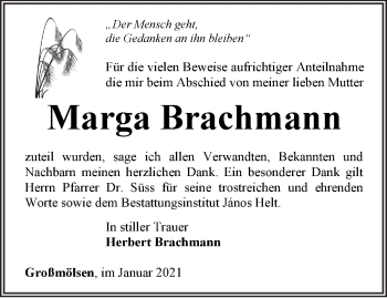 Traueranzeige von Marga Brachmann von Thüringer Allgemeine, Thüringische Landeszeitung