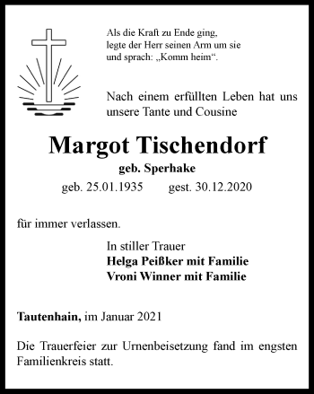 Traueranzeige von Margot Tischendorf von Ostthüringer Zeitung