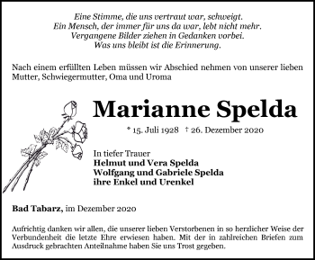 Traueranzeige von Marianne Spelda von Thüringer Allgemeine, Thüringische Landeszeitung